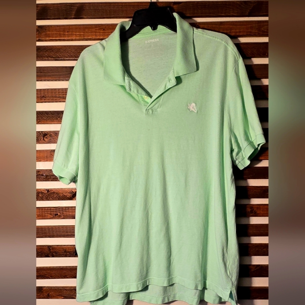 Express Shirt Mens XL Green Solid Short Sleeve Polo Collar Cotton Logo